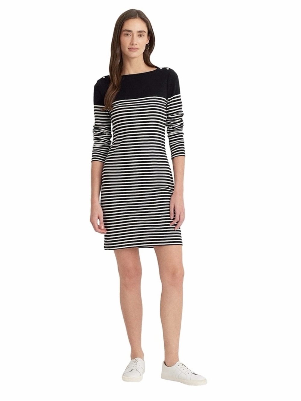Lauren Ralph Lauren Black and White Striped Long-Sleeve Boatneck Tunic Dress
